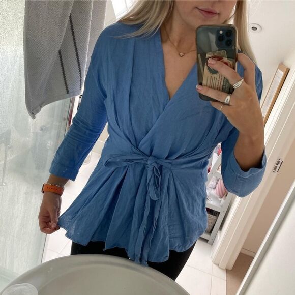 Zara Tops - Zara Linen Blue Wrap Top sz L